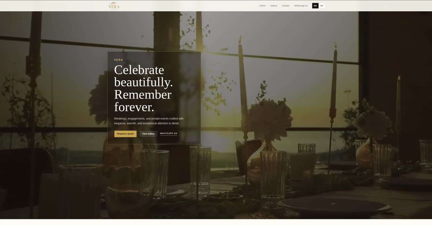 Vera luxury venue website hero